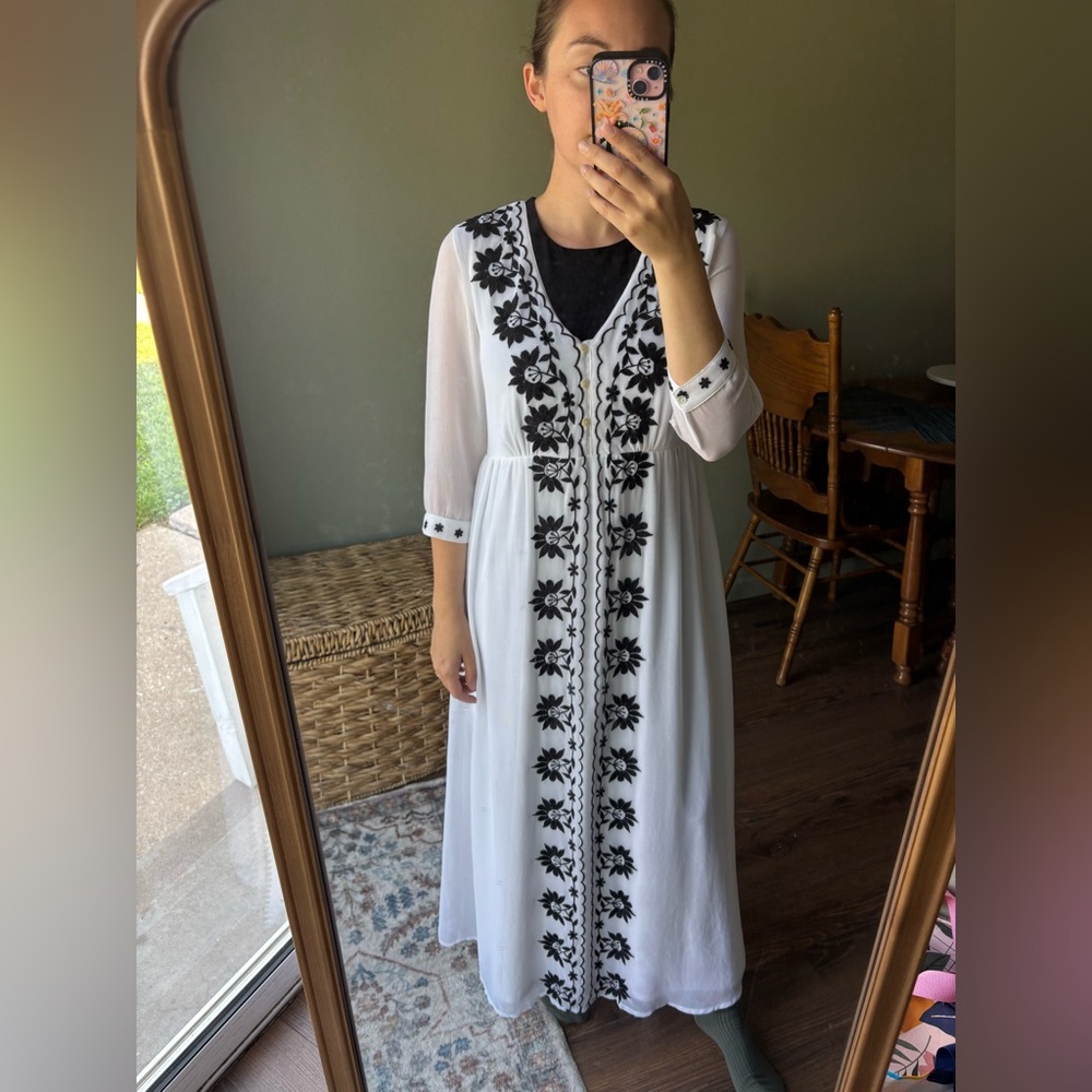 White and Black Embroidered Dress